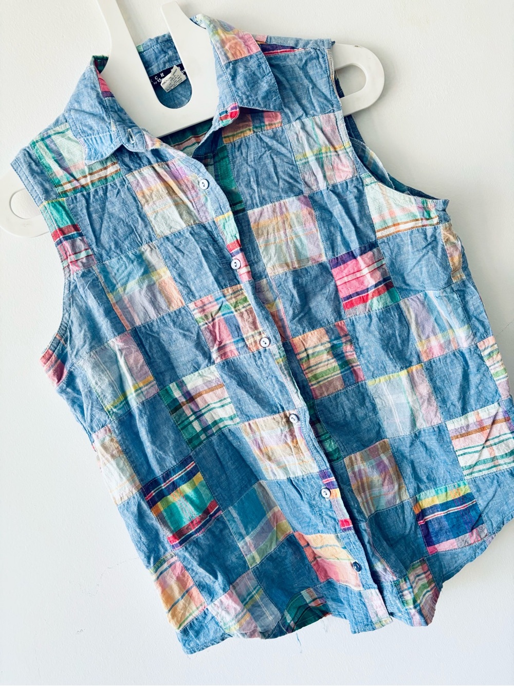 Vintage Sleeveless Patchwork Button-Up Shirt cotton sleeveless boho blouse
